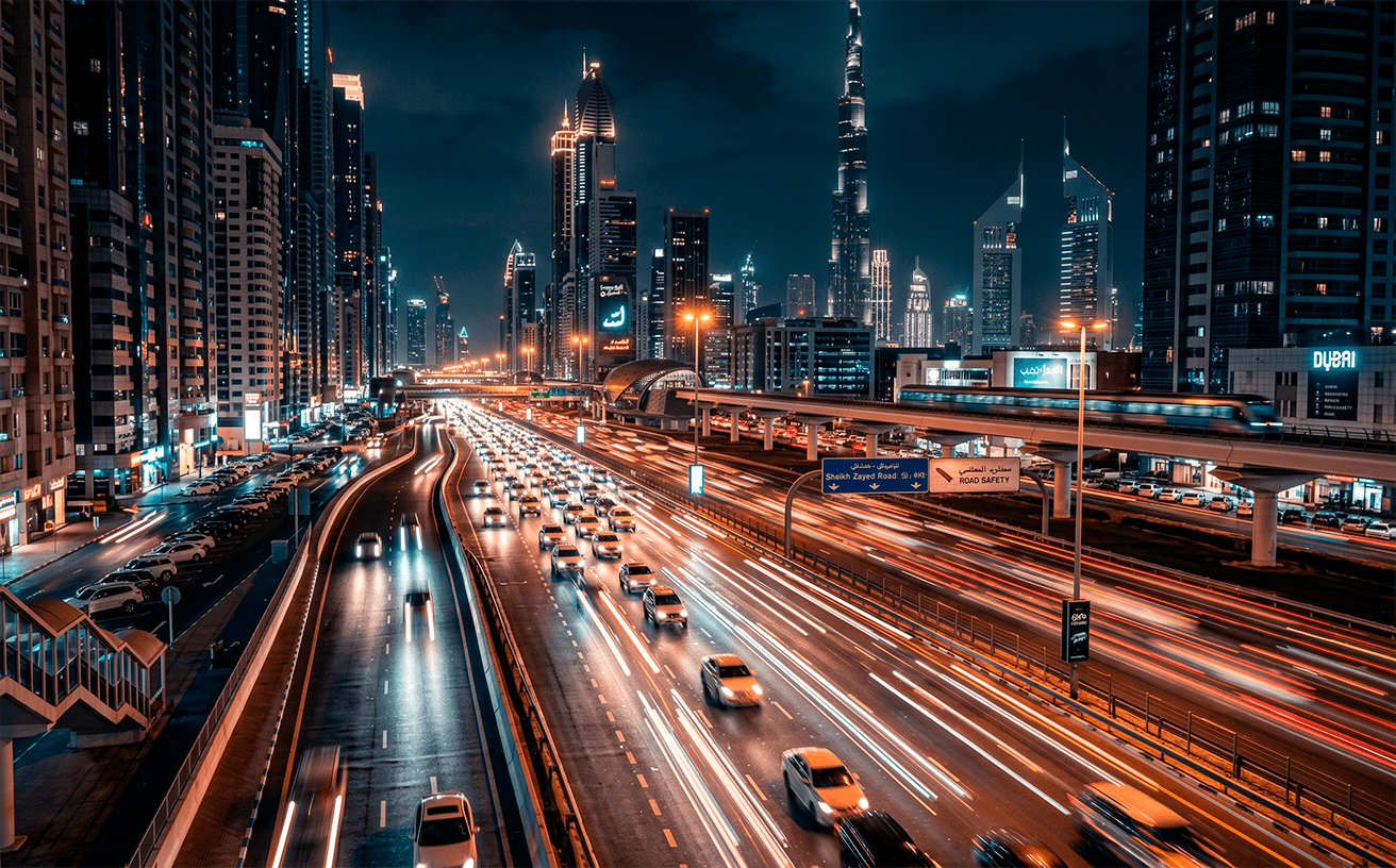 UAE night highway with cyber monitoring